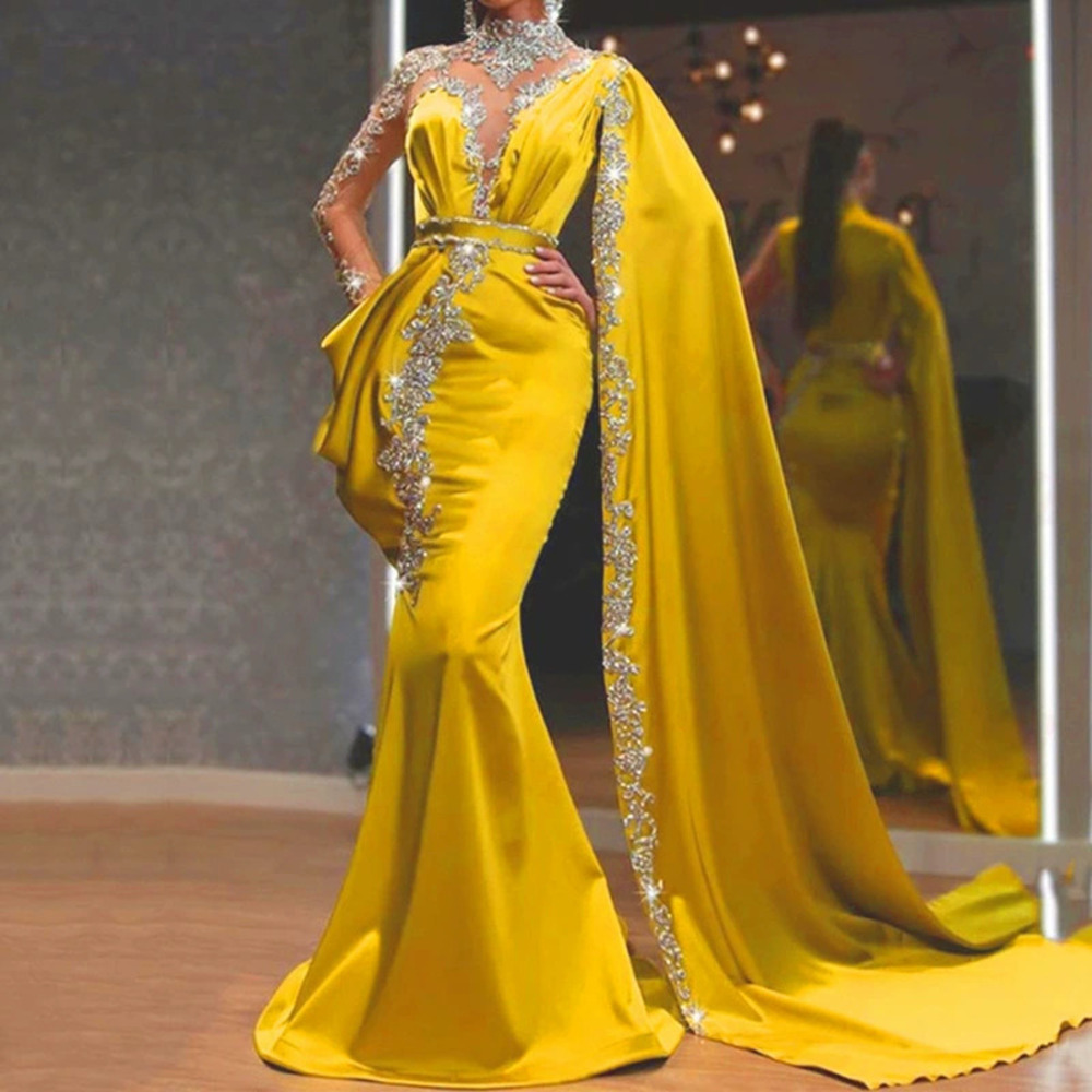 ZARA Yellow and Gold Sequined Long Evening Dress for Women